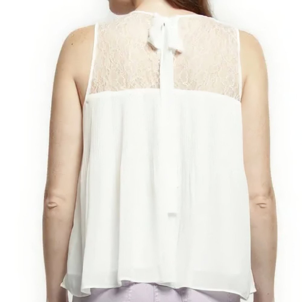 NEW! Shear Soft  Pleated Lace-Tie Back White Top, Size S